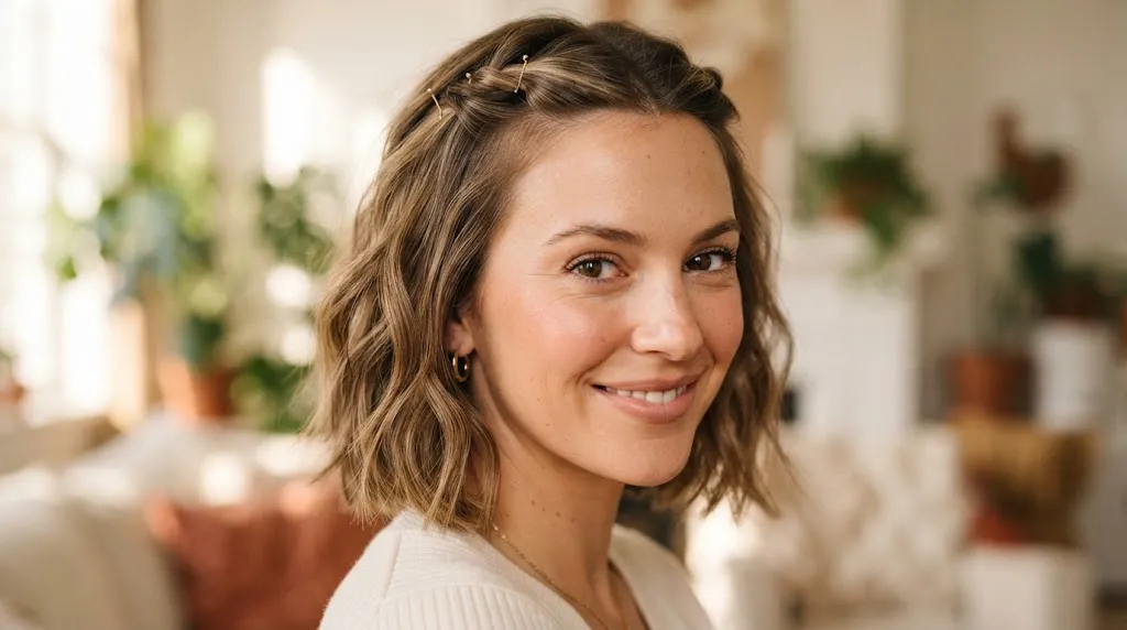 Close-up of a chic chin-length bob with two small twisted sections pinned back at the crown and textured ends.