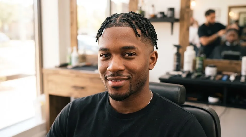 Close-up of a Black man with neat, well-defined mini two-strand twists and a sharp mid skin fade
