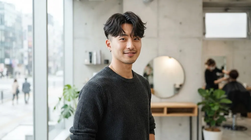 Stylish young man with a modern 2-block Korean haircut featuring short sides and a textured voluminous top