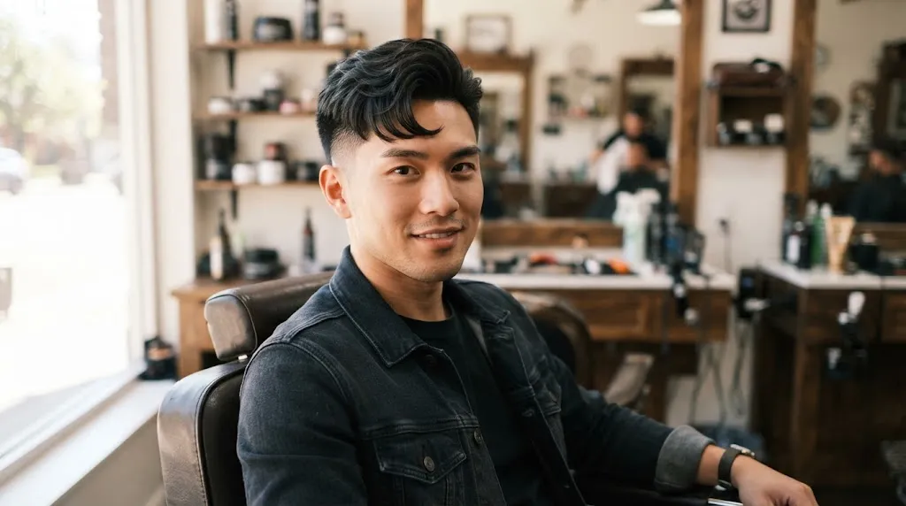 A stylish Asian man with a trendy long Korean haircut featuring textured layers falling softly around the jawline in a modern setting.