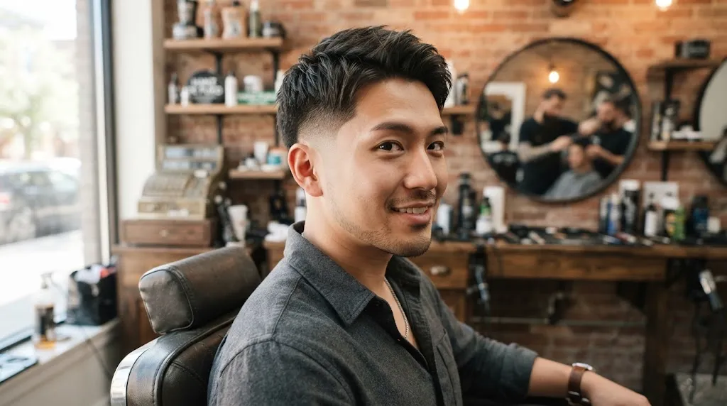 A stylish Asian man showcasing a clean drop fade haircut with a smooth curved arc behind the ear in a professional barbershop.