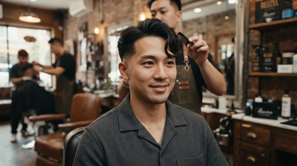 A stylish Asian man with a modern textured haircut featuring a distinct S-shaped fringe sweeping across his forehead in a professional setting.