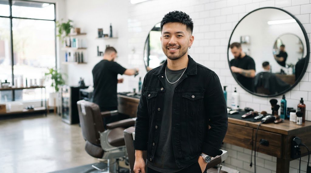A stylish Asian man showcasing a modern two-block haircut with a clean matte finish in a professional barbershop setting.