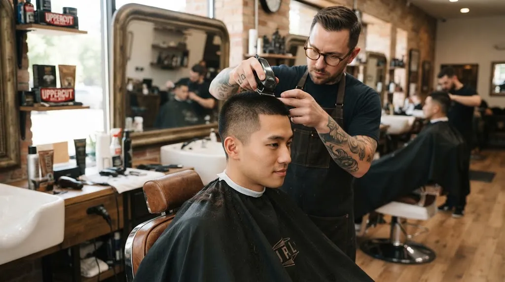 A stylish Asian man with a clean, low-fade buzz cut getting styled in a professional barbershop
