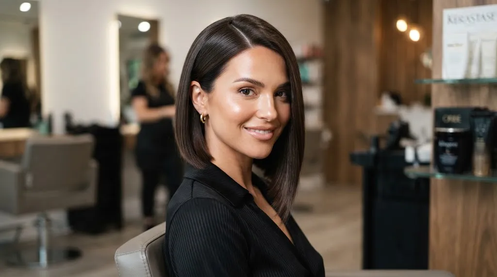 A stylish modern asymmetrical bob haircut on a model with a side part to slim and balance facial features