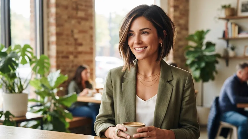 A stylish woman with a short, modern asymmetrical brunette bob haircut, smiling in a cafe while holding a coffee mug.