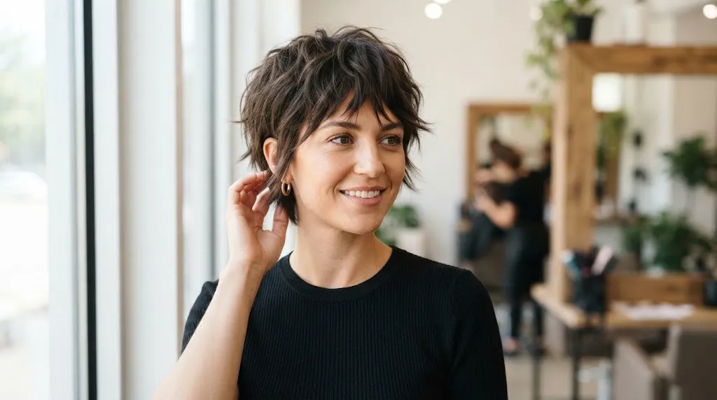 A stylish woman with a modern bixie short haircut showing soft texture, movement, and layered volume.
