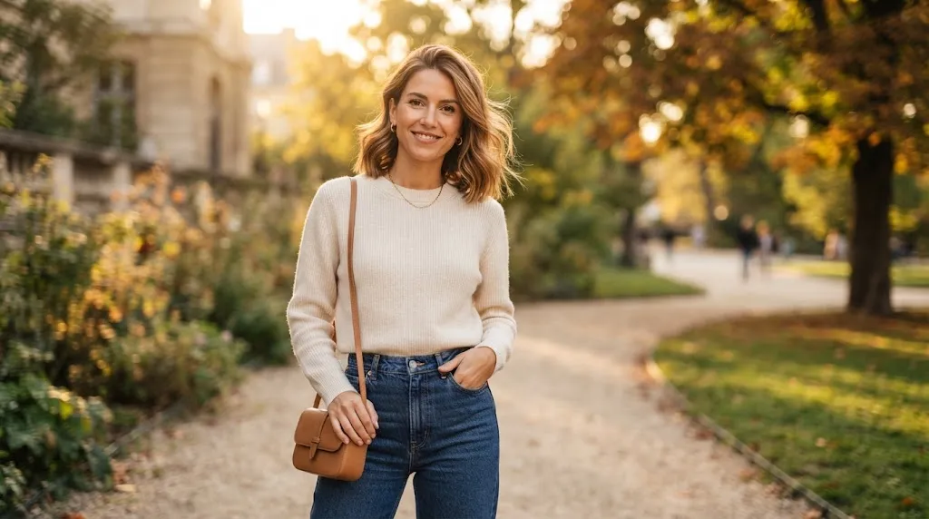 A stylish woman showcasing a collarbone-length British lob haircut with soft, effortless waves in natural daylight