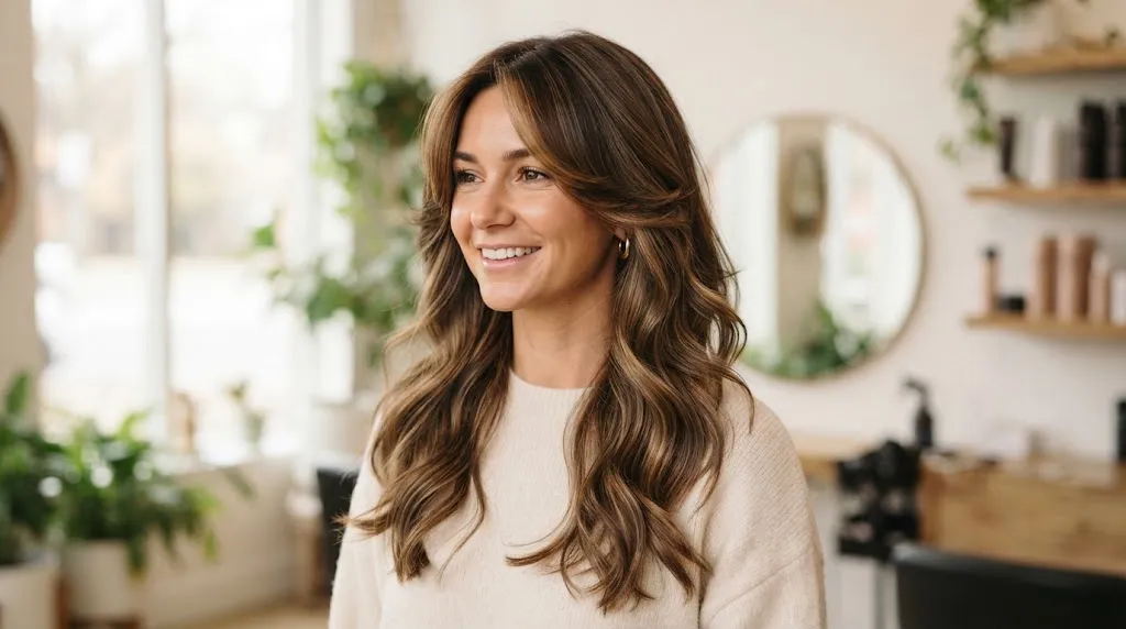 A woman with a trendy, voluminous Butterfly Cut hairstyle featuring short face-framing layers and long cascading waves.
