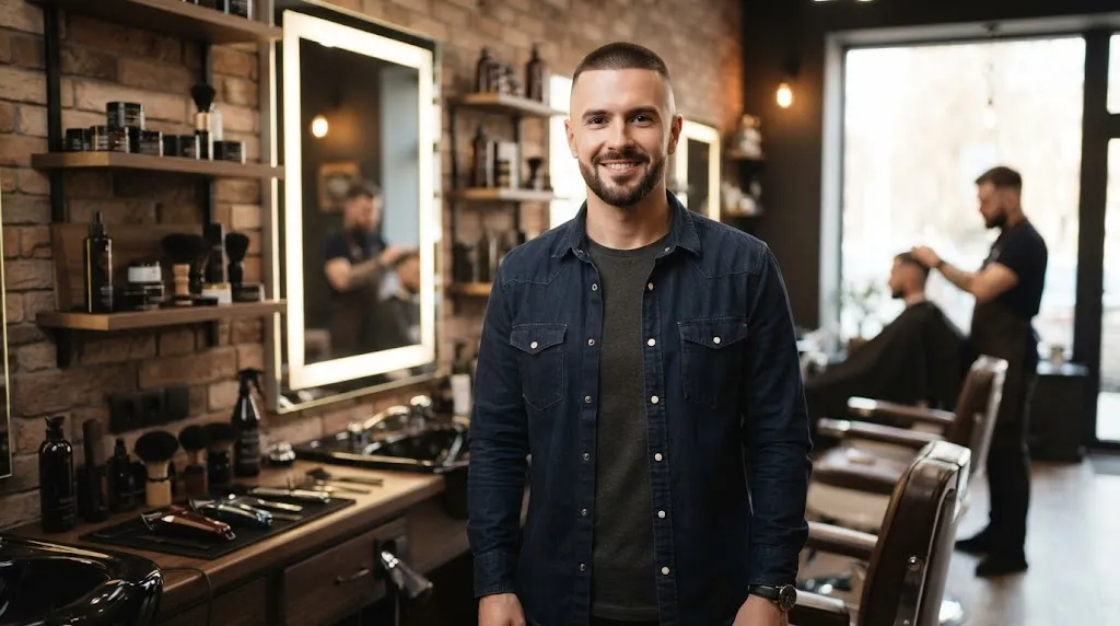 Man with a stylish buzz cut and high skin fade tailored for a round face shape in a modern barbershop
