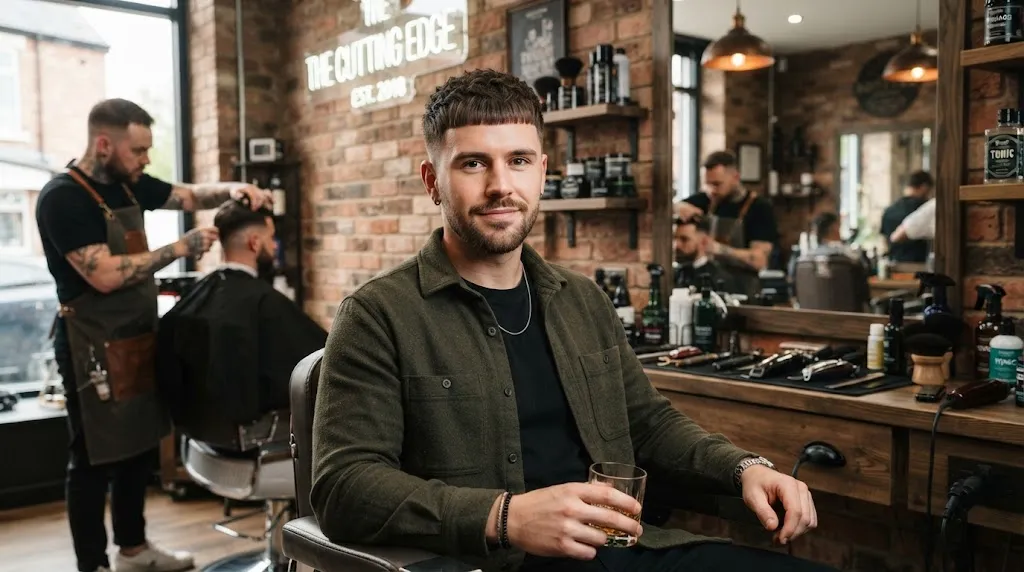 A stylish man showcasing a clean Caesar haircut with a blunt straight-cut fringe and faded sides in a modern barber shop.