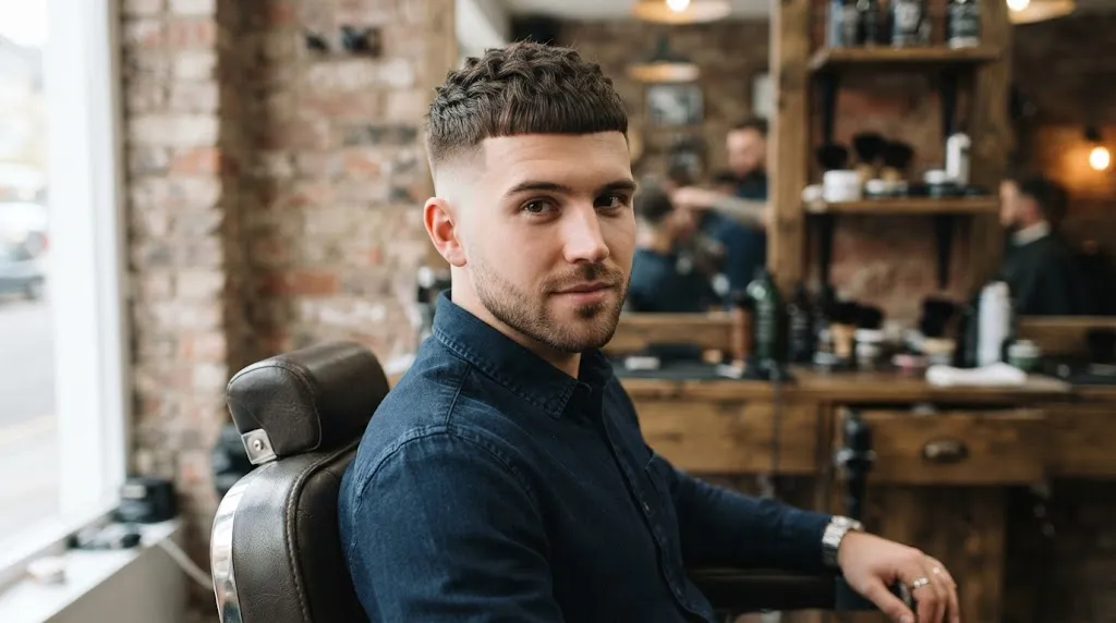A young man with a modern Caesar cut featuring a straight blunt micro-fringe and sharp tapered sides, styled with a matte finish.
