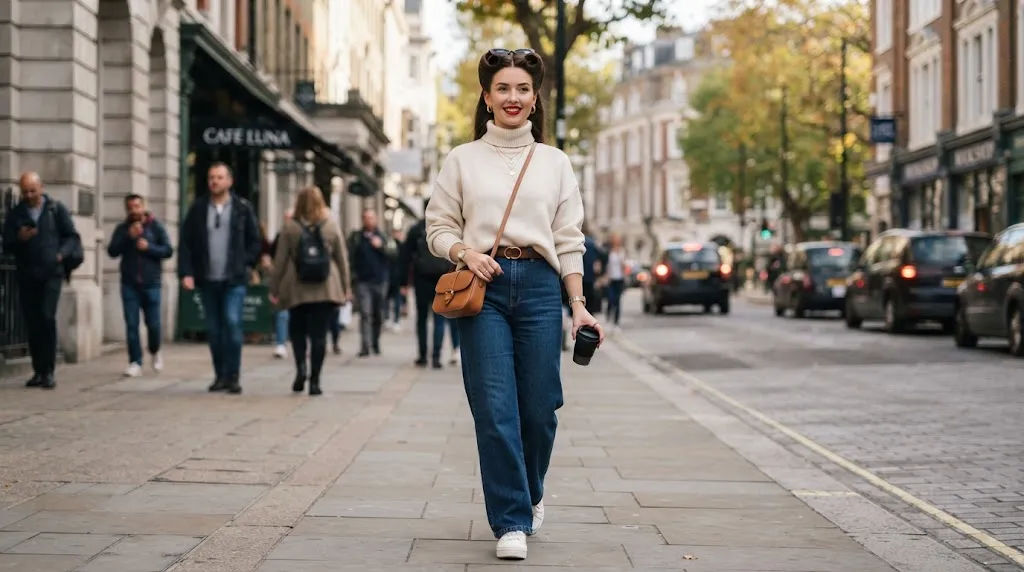 A stylish person wearing a modern outfit paired with a vintage-inspired hairstyle, blending classic retro looks with everyday contemporary fashion.