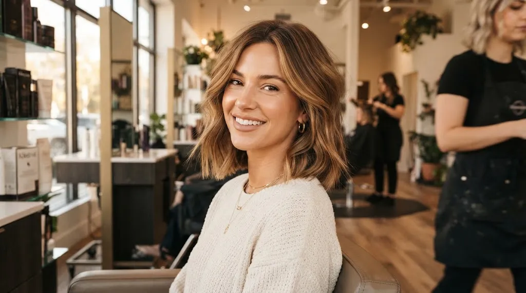 A stylish woman with a modern clavi cut hairstyle grazing her collarbone with soft layers and natural movement in a salon setting