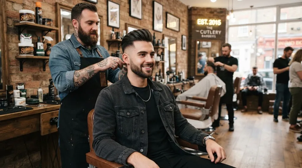 A stylish man showcasing a clean disconnected undercut hairstyle with short faded sides and textured length on top in a professional barbershop setting.