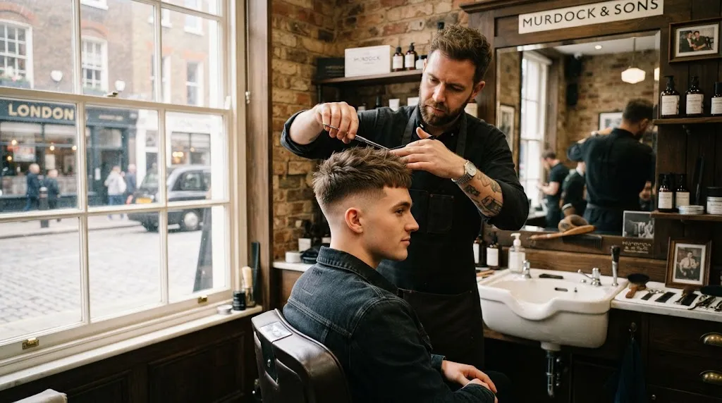 A professional London barber styling a modern textured English crop haircut with clean fade lines and matte finish