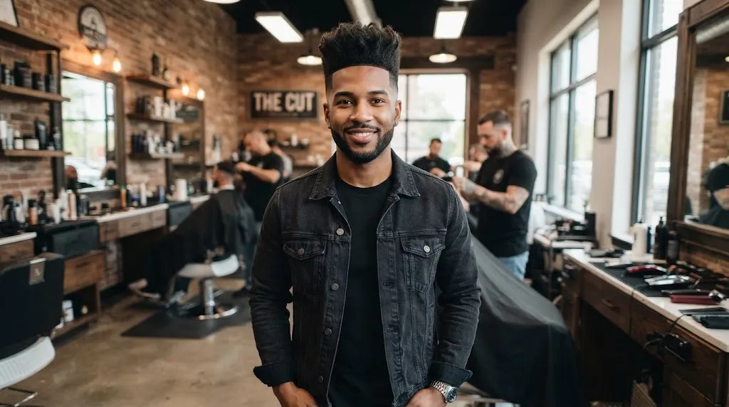 Stylish man with a textured faux hawk and clean burst fade haircut designed for a round face shape