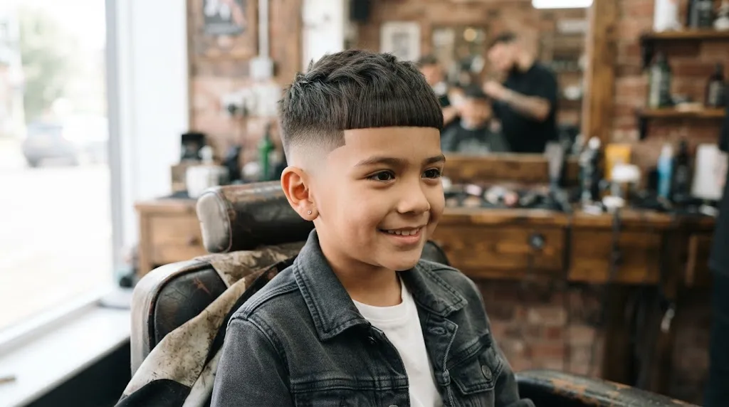 A trendy French Crop haircut featuring a blunt fringe and short faded sides on a young boy