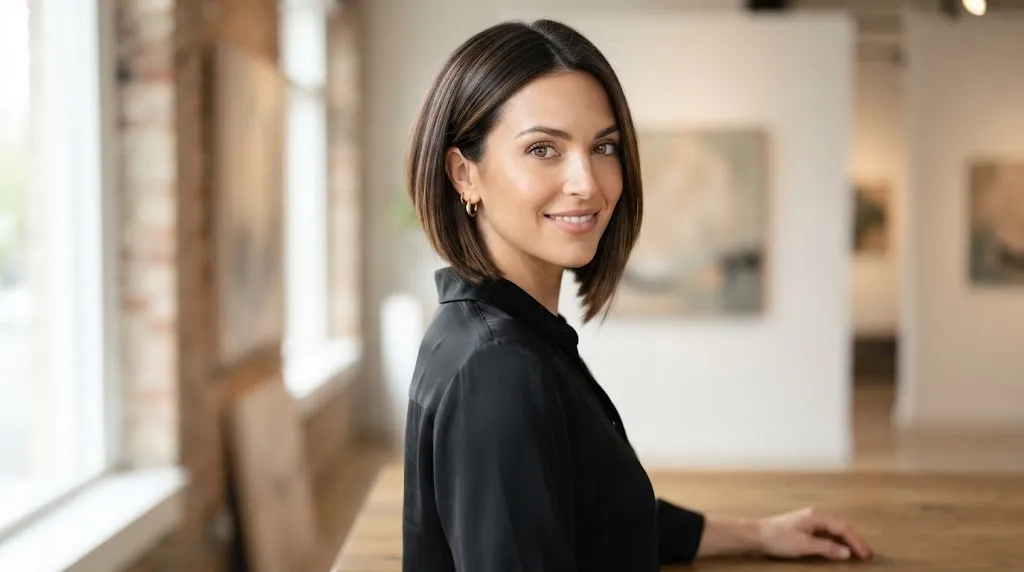A woman showcasing a stylish graduated bob haircut with a shorter angled back and longer strands framing the jawline.