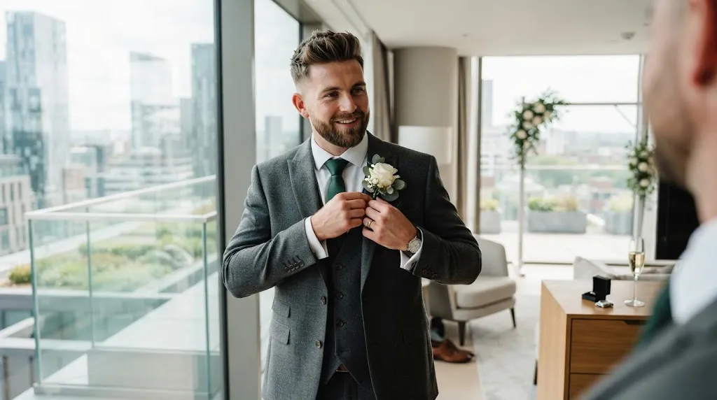 A handsome groom with a modern hairstyle and tailored suit preparing for a modern wedding in a city apartment
