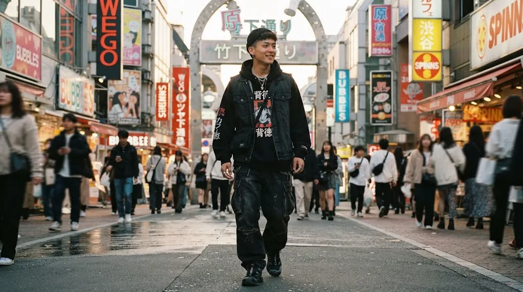 A stylish young man with a trendy Japanese haircut walking down a vibrant Tokyo street showcasing modern men's street style and fashion.