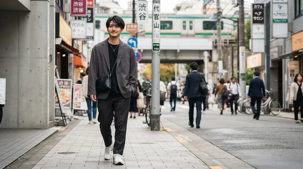 A stylish Japanese men hairstyle for straight hair featuring soft layers, natural texture, and modern Tokyo street style.