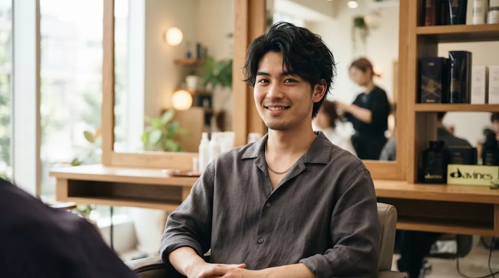 A stylish Japanese man with thick hair showcasing a modern layered haircut with natural volume and texture