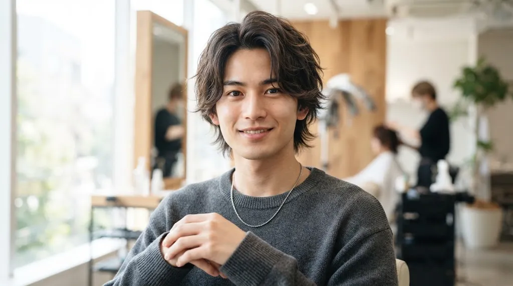 A young Japanese man with a modern Japanese layered haircut showcasing textured layers and natural volume in a salon setting