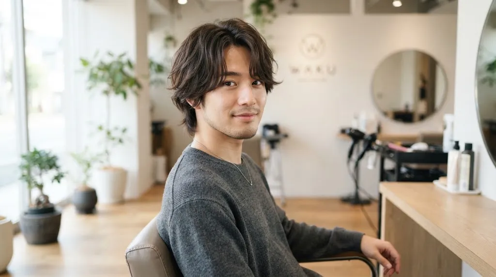 A young man with a stylish Japanese layered mushroom hairstyle showing natural movement and soft texture