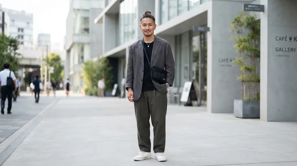 A stylish young man with a modern Japanese man bun hairstyle and textured layers in an urban setting