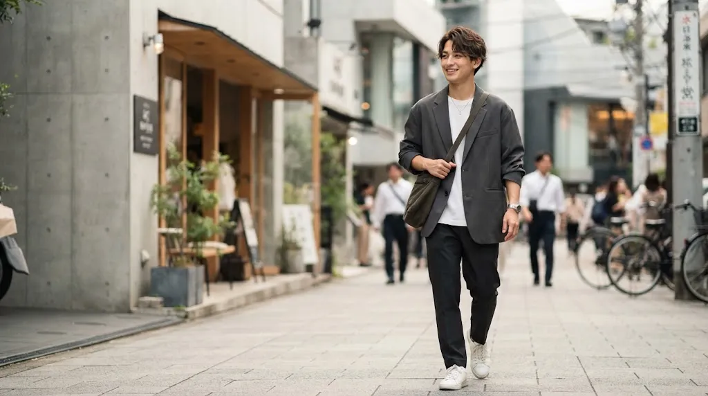 A young man showcasing a modern Japanese haircut with a lightweight appearance, soft layers, and natural movement.