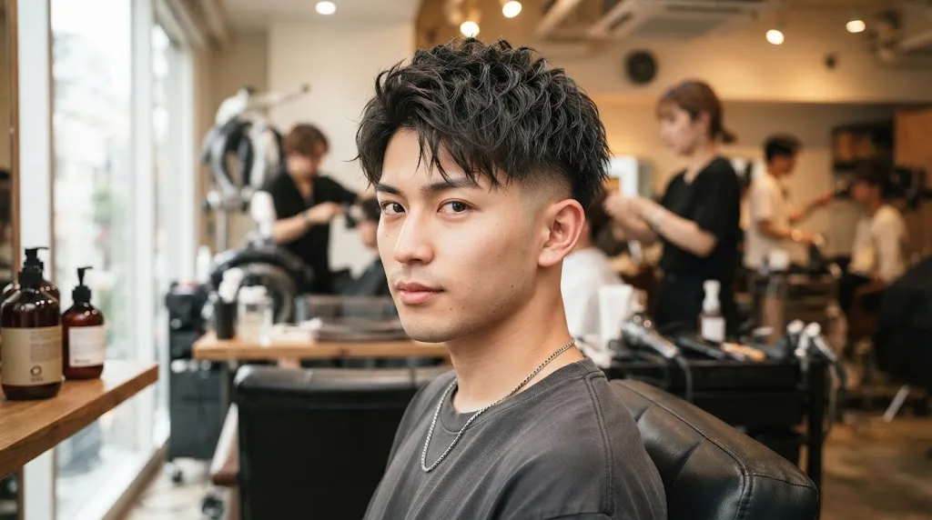 A stylish Japanese male haircut featuring a short textured crop with clean sides and a natural finish