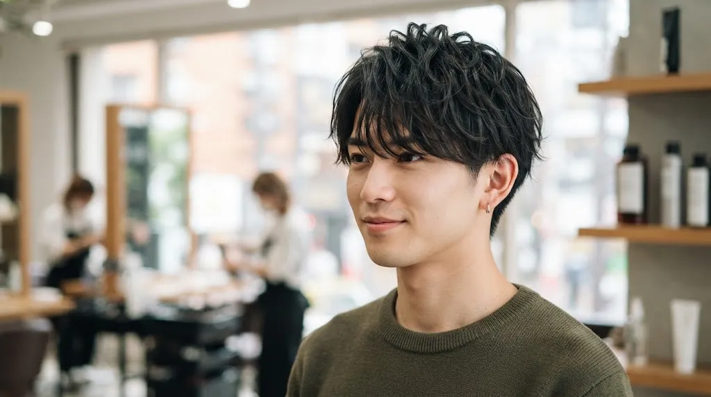 A close-up of a young Japanese man with a stylish, textured fringe haircut in a modern salon setting.