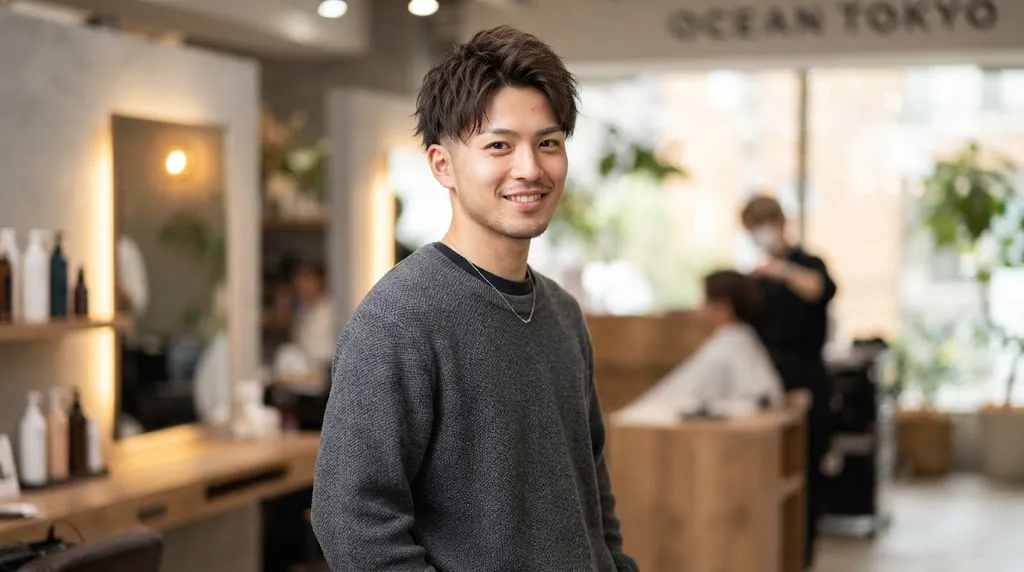 Stylish young Asian man with a modern Japanese Two Block haircut featuring clean short sides and a textured top