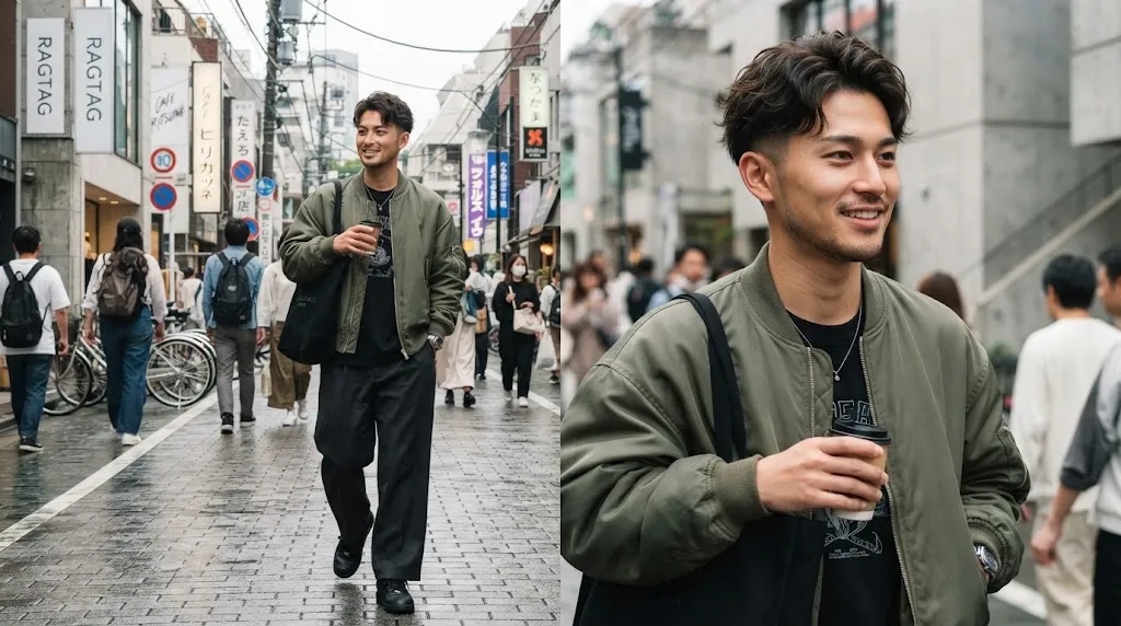 A handsome man showcasing a modern Japanese two block haircut with clean short sides and textured top volume