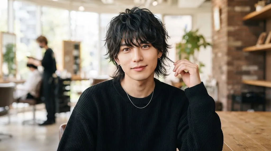 A stylish young Asian man showcasing a modern Japanese wolf cut hairstyle with textured layers and natural movement
