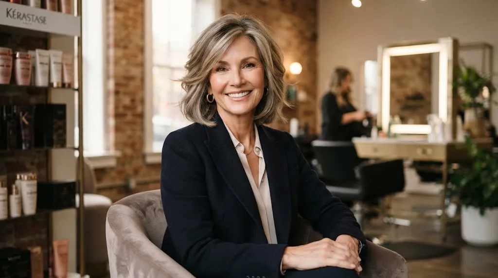 Elegantly styled shoulder-length layered haircut with soft volume and face-framing layers for mature women in their 50s and 60s.