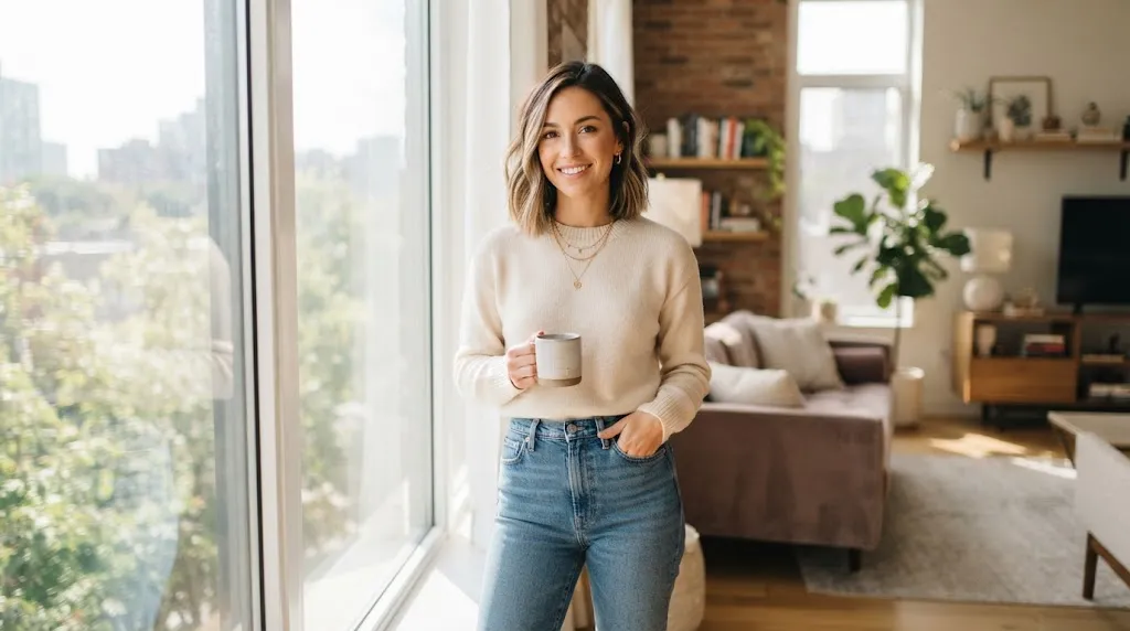 Stylish woman showcasing a modern collarbone-length lob (long bob) haircut with soft movement