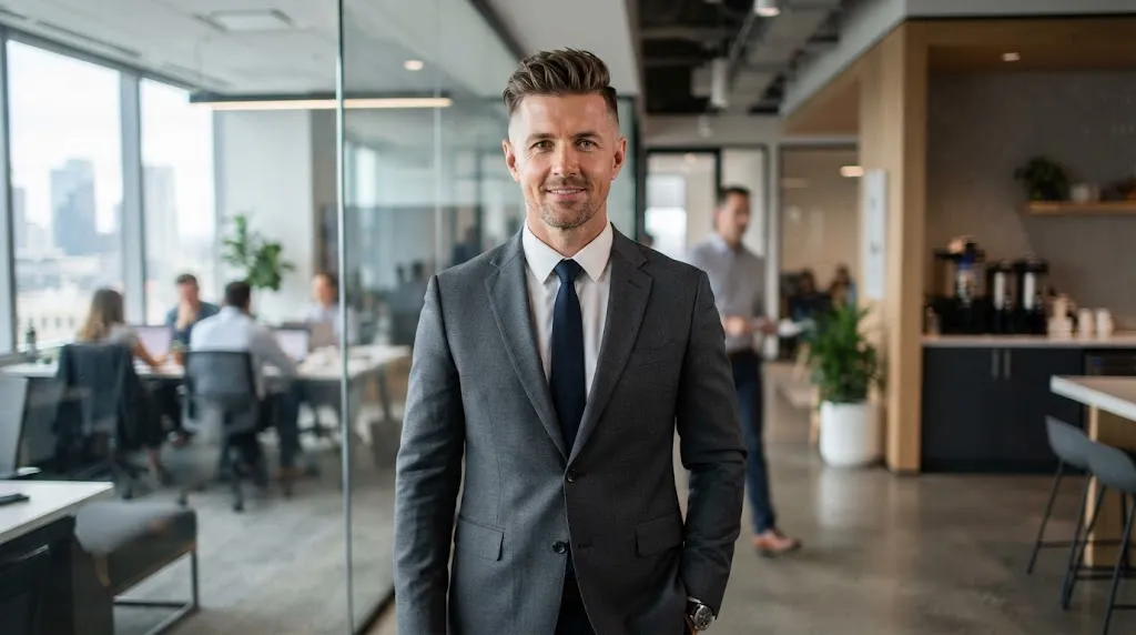 A professional civilian man with a clean, tapered long military haircut and textured top in a modern office environment.