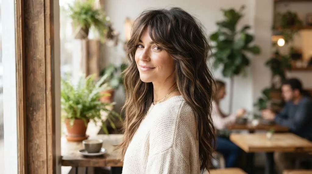 A woman with a trendy, wavy long shag haircut and curtain bangs, showing voluminous textured layers in a sunlit cafe setting.