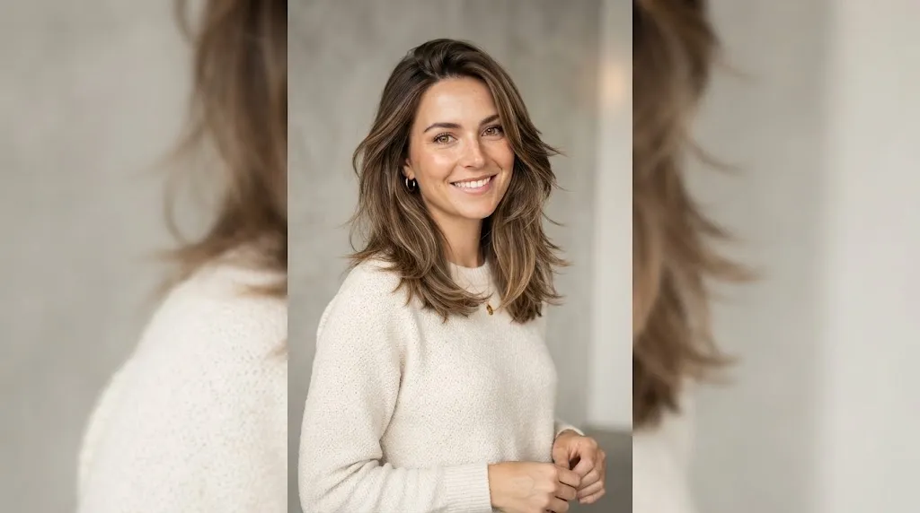 Female hair model showcasing trendy medium hair styles for women with textured shoulder-grazing layers