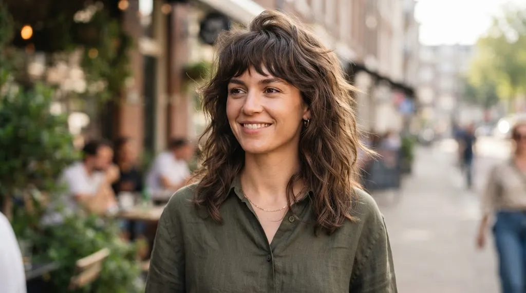 A smiling woman with a trendy medium-length shag haircut featuring textured layers and soft fringe walking down a city street