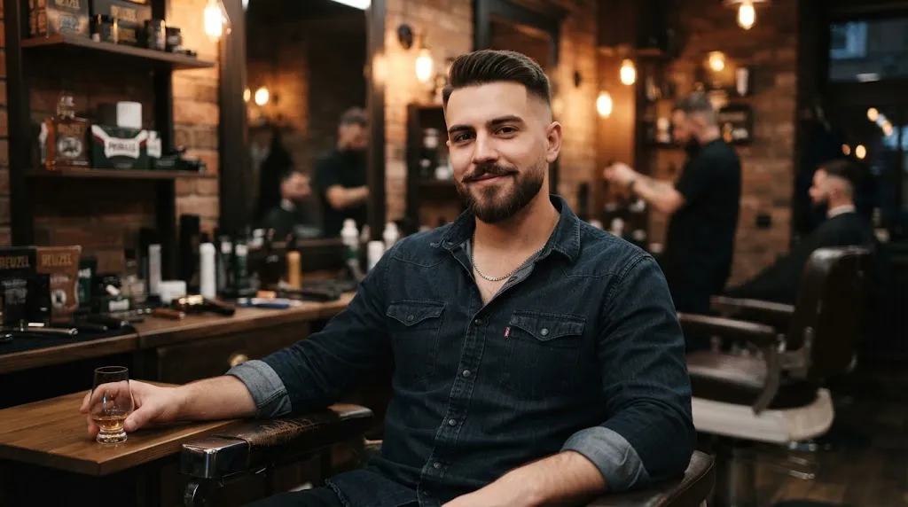 A stylish man with a clean, sharp skin fade haircut and textured top in a modern barbershop