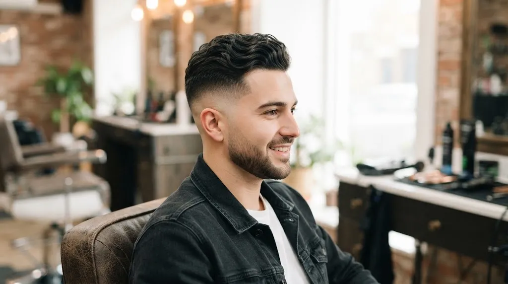A stylish man with a clean high fade haircut and textured top sitting in a modern barbershop.