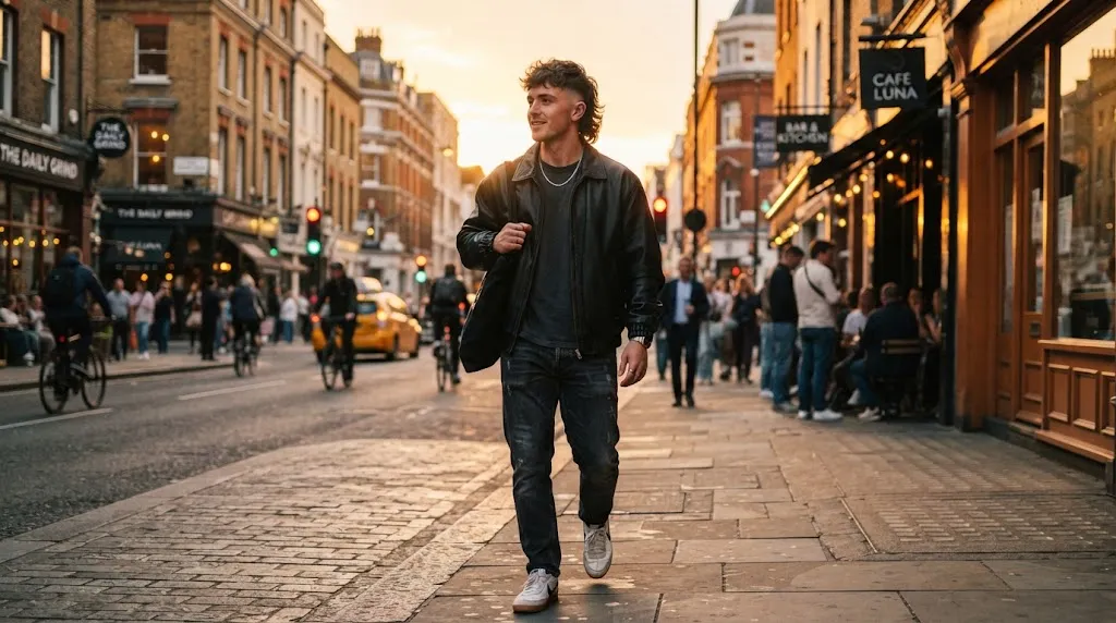 A young man showcasing a trendy modern mini-mullet haircut with short textured sides and longer layered flow at the back.