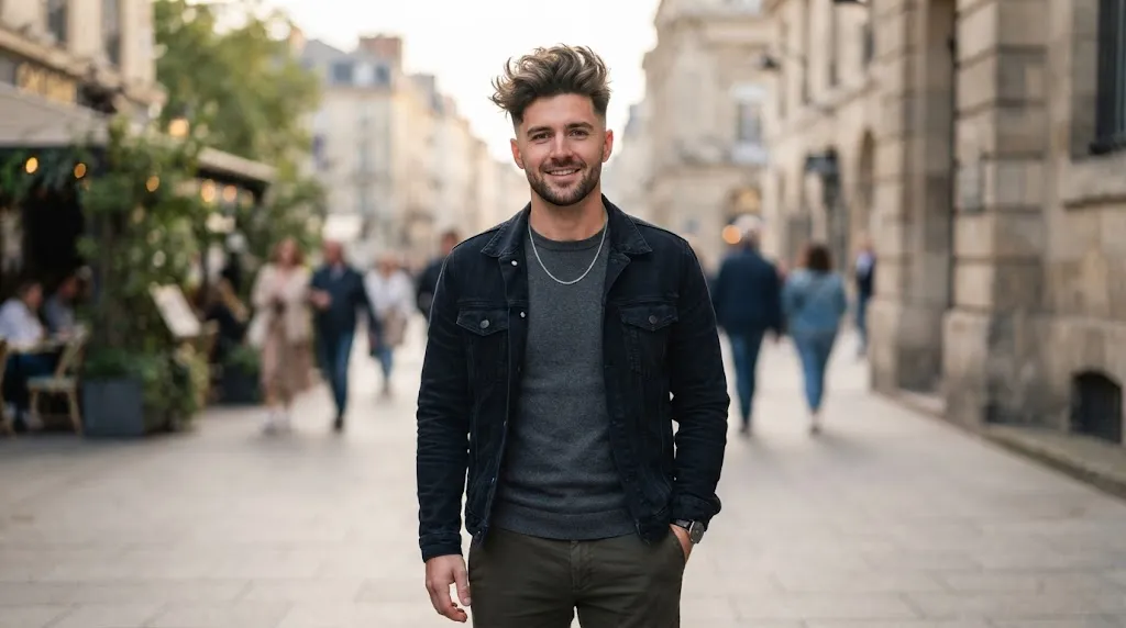 A stylish man showcasing a modern messy quiff haircut with textured medium-length hair and natural height for men's wavy hair styling
