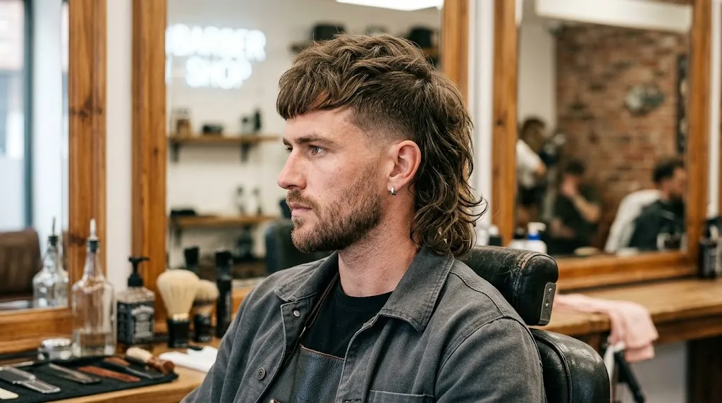 Side view of a modern stylish Mullet 7 haircut on a male model showcasing short textured top and longer hair at the back