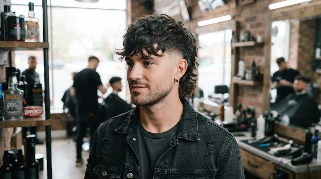 Professional photo of a modern mullet haircut with textured layers, shorter sides, and a longer back