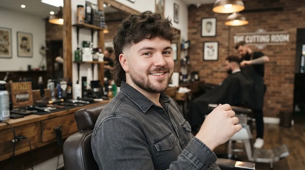 A stylish modern mullet haircut with tight faded sides on a man with a round face shape in a barber shop