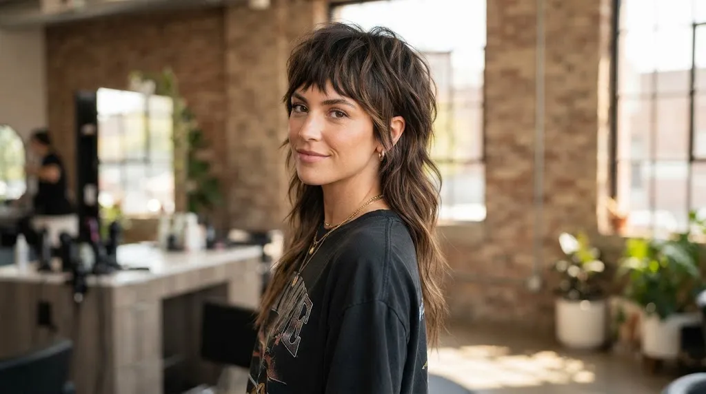 A stylish woman in a salon showing off her modern mullet haircut with short textured layers on top and long wavy hair in the back.